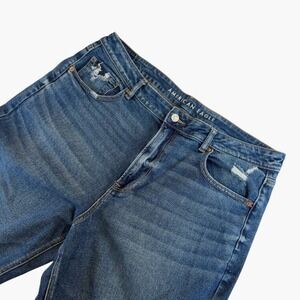 American Eagle Mom Straight Jeans 18 Long Distressed High Rise Blue Denim
